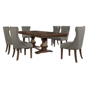 Karol 7-Piece Rectangular Wood Dining Table Set Gray Linen Fabric Chairs