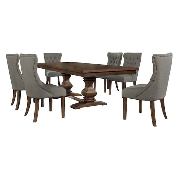 Best Quality Furniture Karol 7-Piece Rectangular Wood Dining Table Set Gray Linen Fabric Chairs