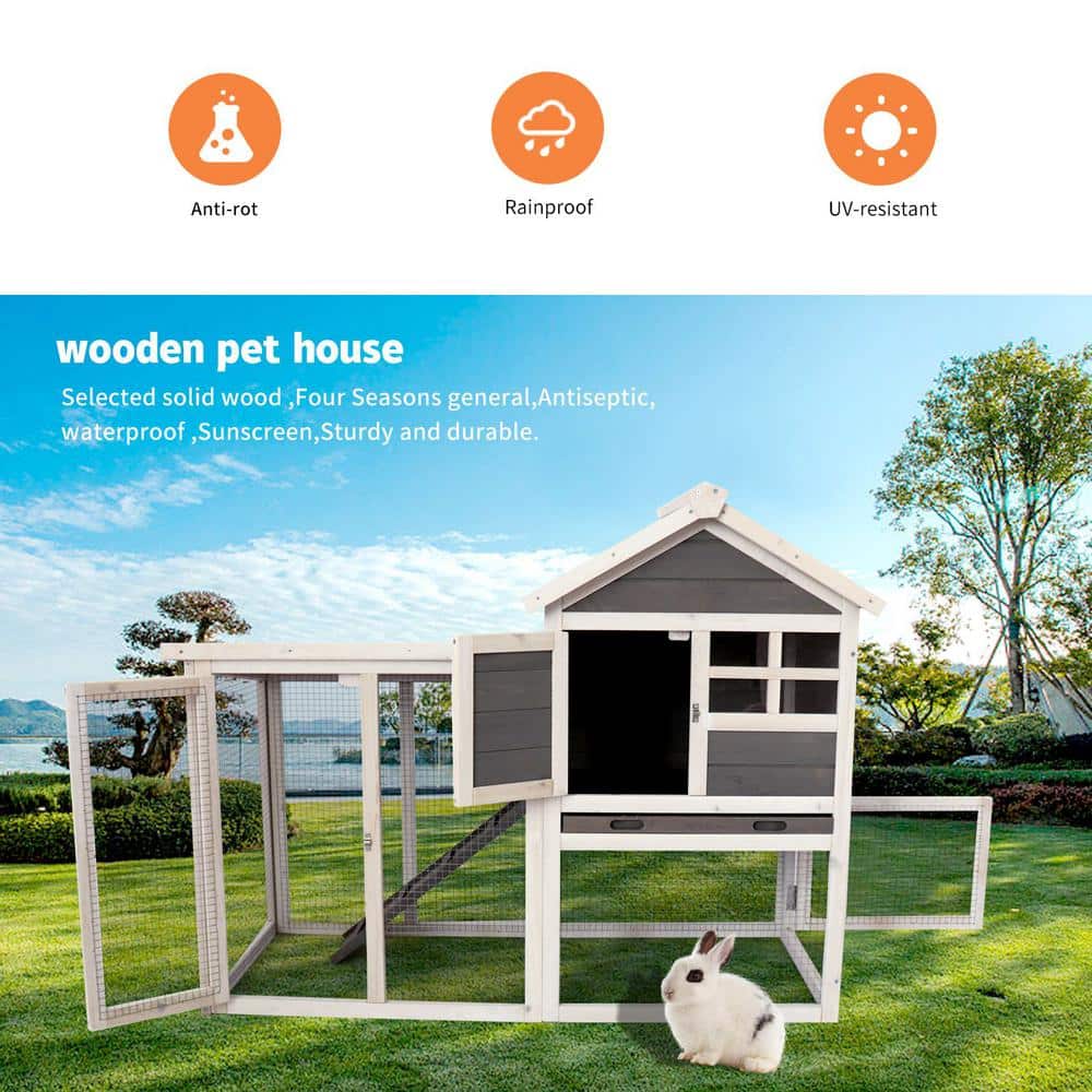 Gray and White 48'' Wooden Chicken Coop with Enclosure