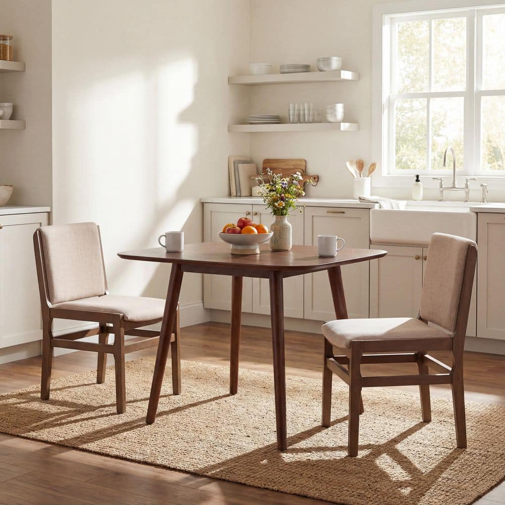 Kerwin 3-Piece Wood Top Dining Set with Beige + Walnut Upholstered Dining Chairs, Walnut Dining Table, Seats-2