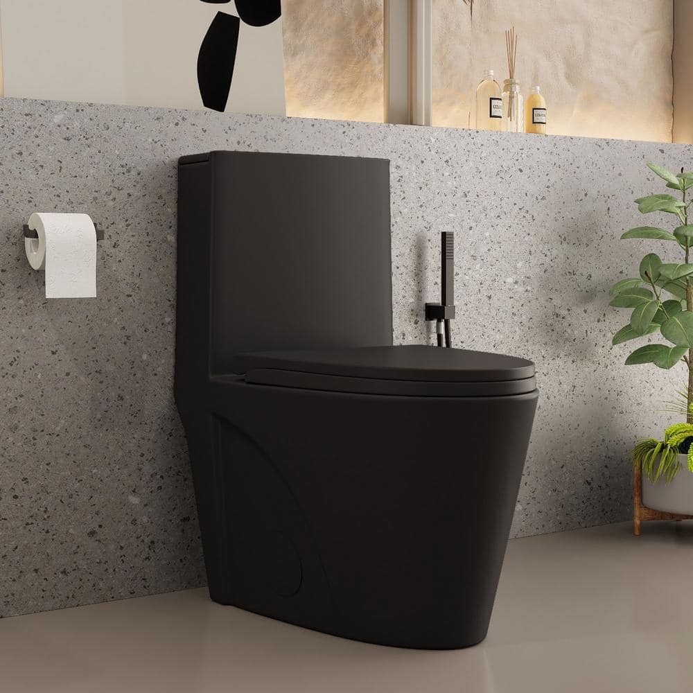 Matte Black Ceramic Dual Flush Elongated One-Piece Toilet