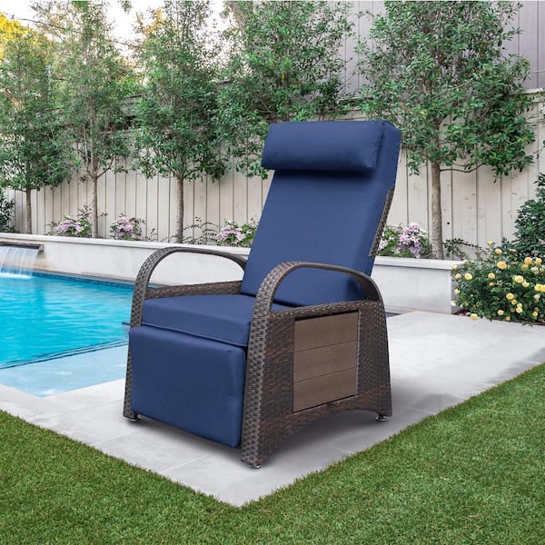 Patio Recliner Lounge Chair with Cushion, Navy Blue 