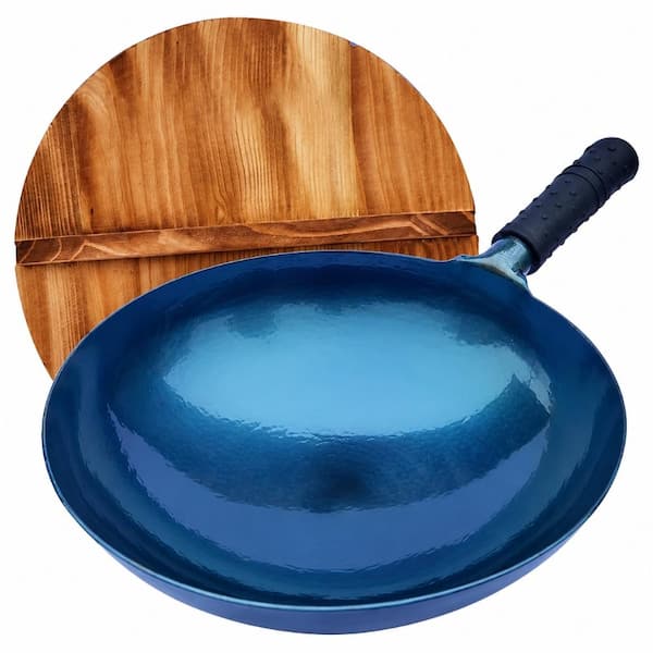 14 in Blue Pre-Seasoned Iron Wok with Lid, Round Bottom Stir Fry Pan for Open Fire, BBQ, Grill and Camping
