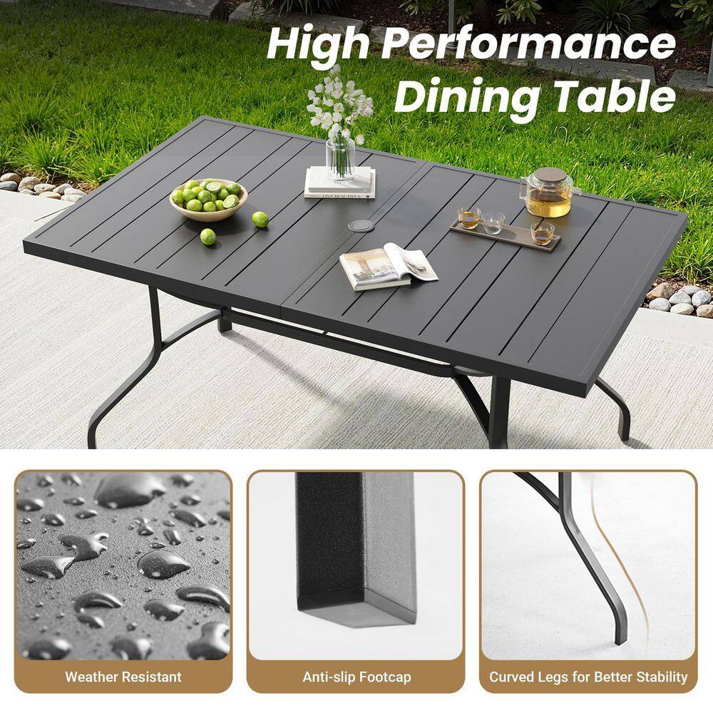 Black outdoor dining table with detail shots of weather resistance, footcaps, and curved legs.