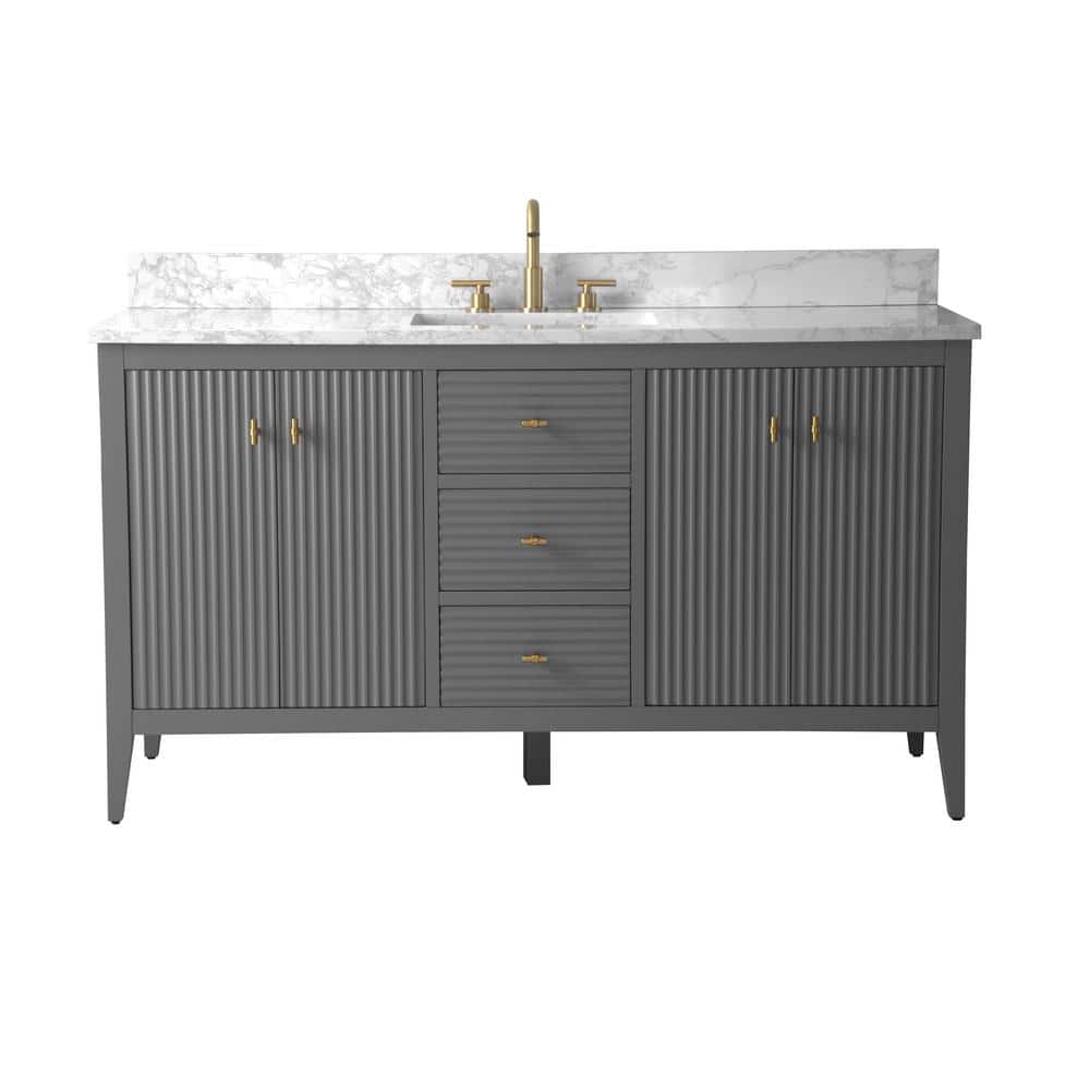 60" Linear Gray Freestanding Bathroom Vanity with Gold Hardware and Marble Top