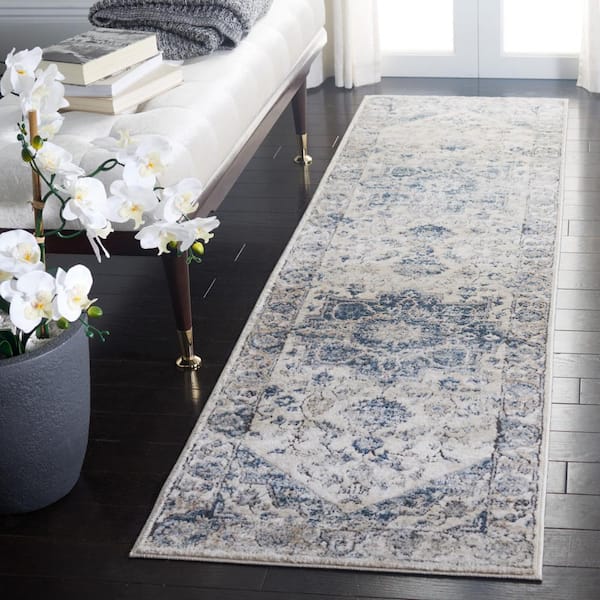 Oregon Ivory/Blue 2 ft. x 6 ft. Distressed Floral Runner Rug
