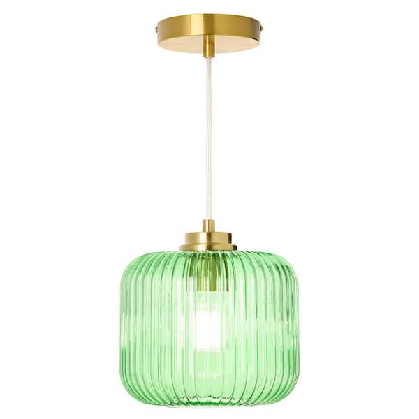 Hadley 8 in. 1-Light Gold Pendant with Green Glass Shade
