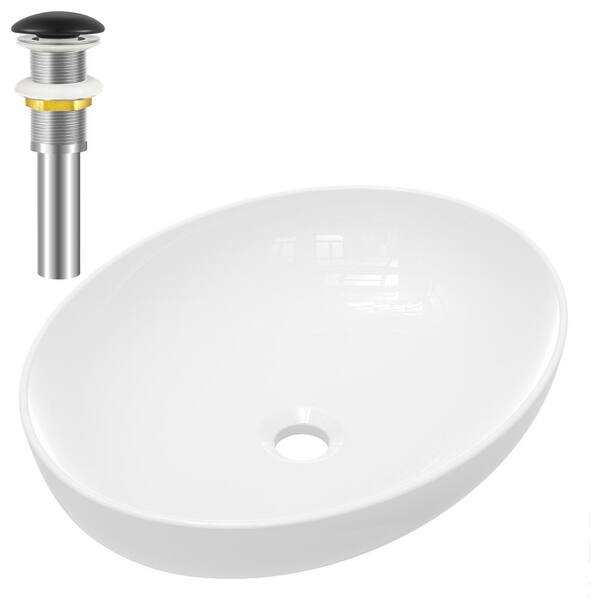 yulika Oval Sink 16 in . Bathroom Sink Ceramic Vessel Sink Bathroom Sink Modern with Pop-Up Drain in White and Black