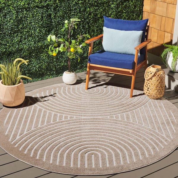 Stella Beige/Ivory 7 ft. x 7 ft. High-Low Arches Border Indoor/Outdoor Round Area Rug
