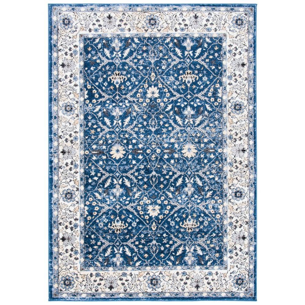 Navy and Ivory Floral Synthetic Area Rug, 8' x 10'