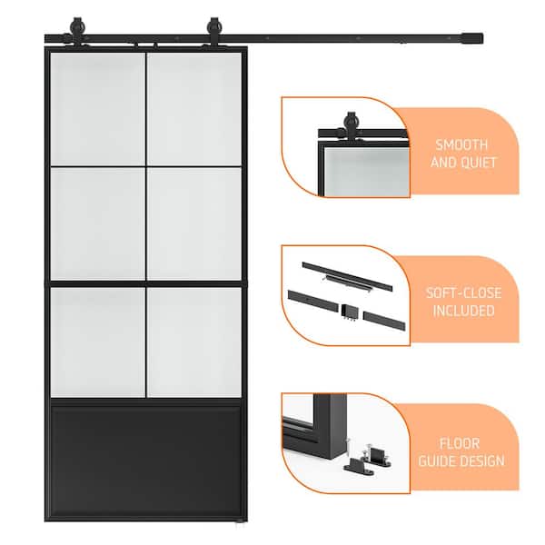 72 in. x 84 in. 3/4-Lite Frosted Glass Black Steel Frame Double Sliding Barn Door with Hardware Kit and Soft Close