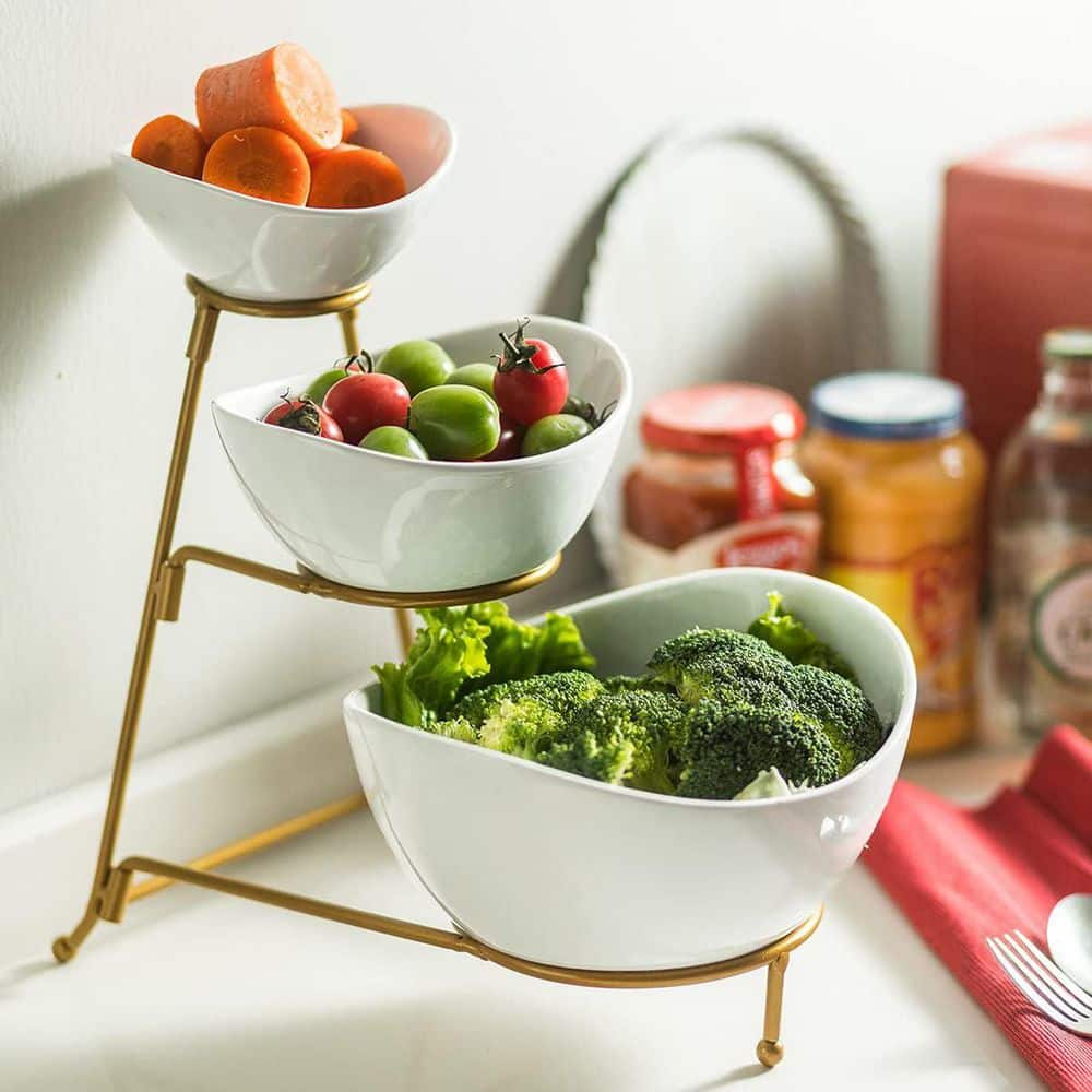 "Oval 7.5"" 45oz 17.5oz 7oz Gold Metal Porcelain 3 Tier Serving Bowl Set for Food, Chips, Dip, Party Display (4 Pcs) White" price history on PriceWatchPro