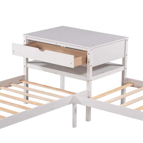 GODEER White Twin Size L-Shaped Platform Beds with Drawer
