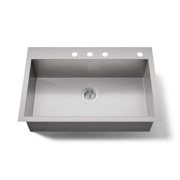 Vault Drop-In Stainless Steel 33 in. 4-Hole Single Bowl Kitchen Sink with Basin Rack