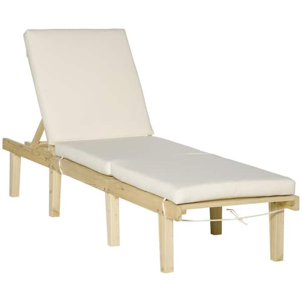 Sudzendf Beige Wood Outdoor Chaise Lounge with Adjustable Backrest and Cushion, Patio Recliner