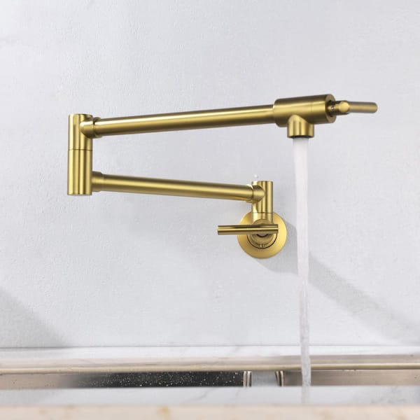 Wall Mounted Double Handle 1.8 GPM Pot Filler with 2 Built- in Ceramic Cartridge and Mounting Hardware in Brushed Gold