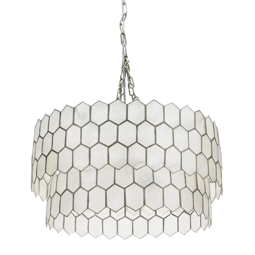 Storied Home 2-Tier Capiz Honeycomb Chandelier White/Silver: Artisan-Crafted, ETL & UL Listed, 60W