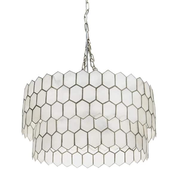Storied Home 20 in. 2-Tier 1 Ceiling Light Matte Silver Capiz Honeycomb Round Finished Metal Chandelier Style
