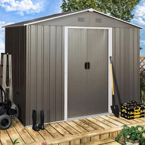 8 ft. W x 6 ft. D Metal Storage Shed Outdoor Tool House Room with Floor Frame, Shelves and Hooks, Gray (39 sq. ft.)