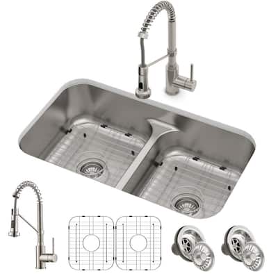 Ellis All-in-One Undermount Stainless Steel 32 in. 50/50 Double Bowl Kitchen Sink with Commercial Pull-Down Faucet