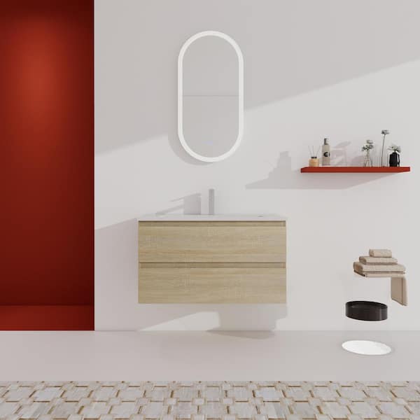 UPIKER Elegant 36.0 in. W x 18.3 in. D x 20.5 in. H Floating Bath Vanity in Light Oak with White Ceramic Top