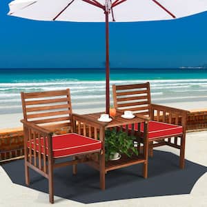 3-Piece Acacia Wood Patio Conversation Set with Red Cushions and 2-tier Coffee Table with Umbrella Hole