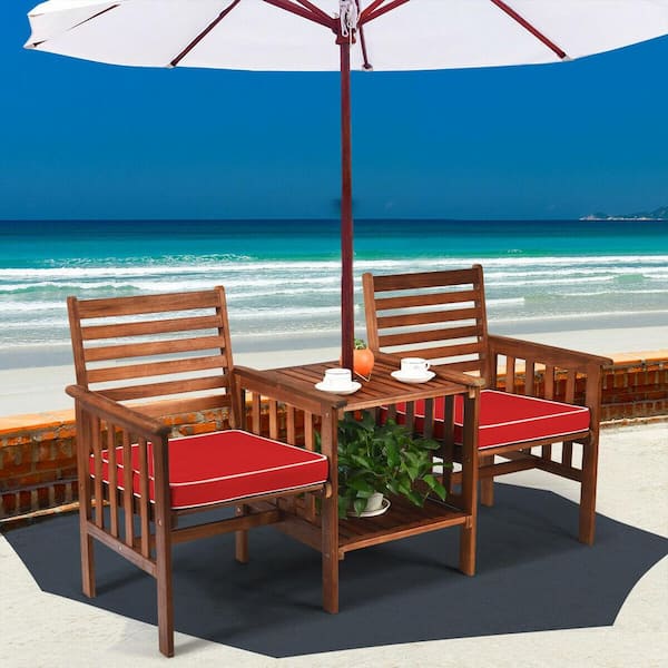 ANGELES HOME 3-Piece Acacia Wood Patio Conversation Set with Red Cushions and 2-tier Coffee Table with Umbrella Hole