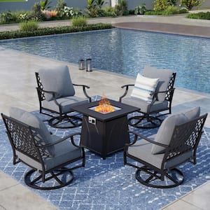 4 Seat 5-Piece Metal Steel Outdoor Patio Conversation Set with Gray Cushions, Swivel Chairs, Square Fire Pit Table