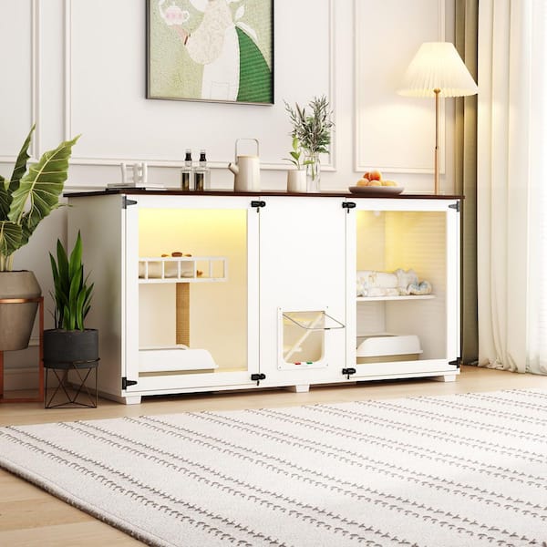 FUFU&GAGA Large Cat House with Scratching Post and Light, Wooden Indoor Cat Cabinet Washroom Storage Side Table Furniture in White