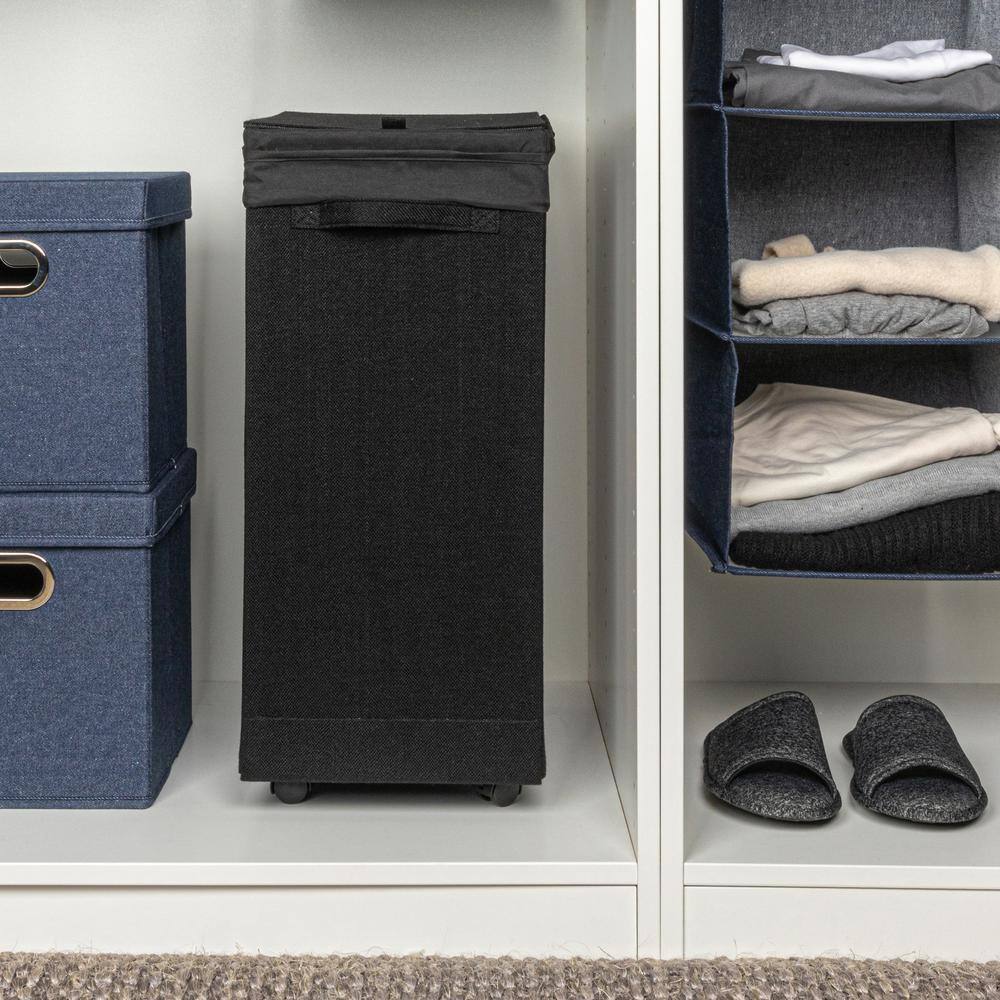 Black Collapsible Polylinen Laundry Hamper with Wheels and Lid