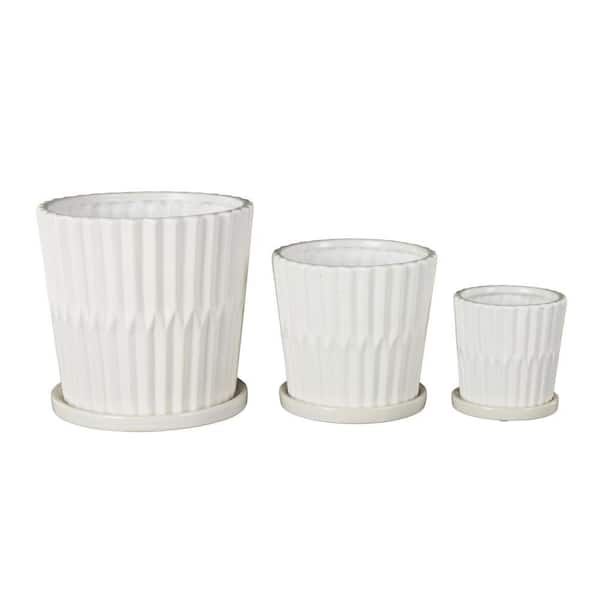 Litton Lane 8 in. 5 in. and 5 in. Small White Ceramic Ribbed Planter with Attached Saucer (3- Pack)