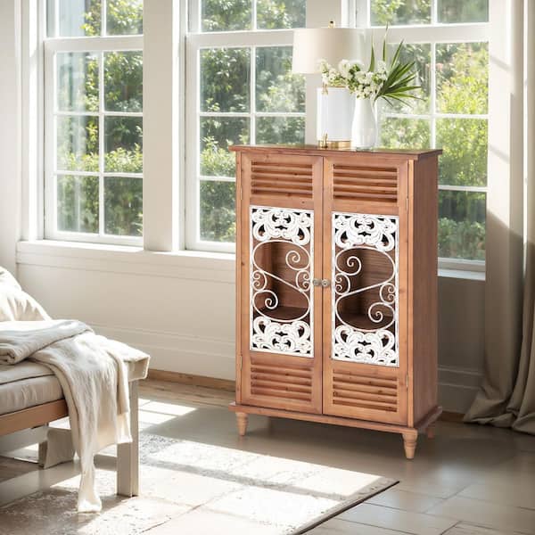 PHI VILLA 47.4 in. Vintage Elko Tall Accent Storage Display Cabinet with 2-Door in Light Brown
