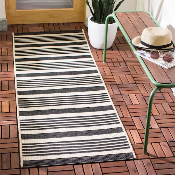 Courtyard Black/Bone 2 ft. x 10 ft. Striped Indoor/Outdoor Patio  Runner Rug