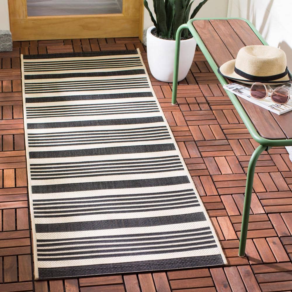 Black and Bone Striped Synthetic Outdoor Runner Rug
