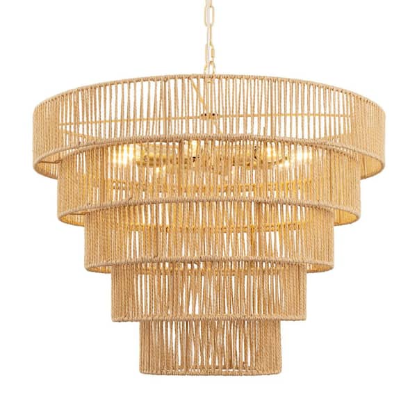 8-Light Farmhouse Antique Brass Finish Chandelier with 5-Tier Handwoven Rattan Shade For Kitchen, E12 No Bulbs Included