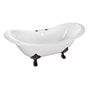 61 in. Cast Iron Double Slipper Clawfoot Bathtub in White with 7 in. Deck Holes, Feet in Oil Rubbed Bronze