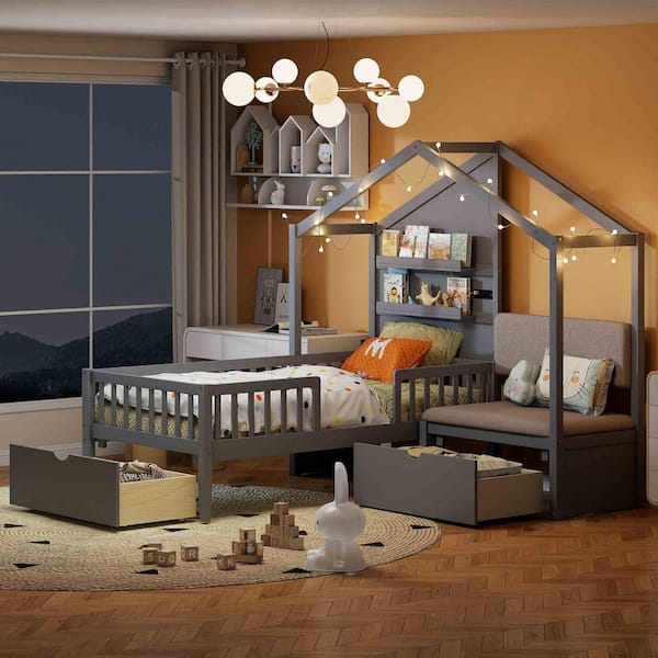 Gray Wood Frame Twin Size Platform Bed with Upholstered Sofa,Charging Station,Wireless Charging, Shelves and 2 Drawers