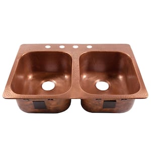 Santi 33 in. 4-Hole Left Drop-In Double Bowl 16 Gauge Antique Copper Kitchen Sink