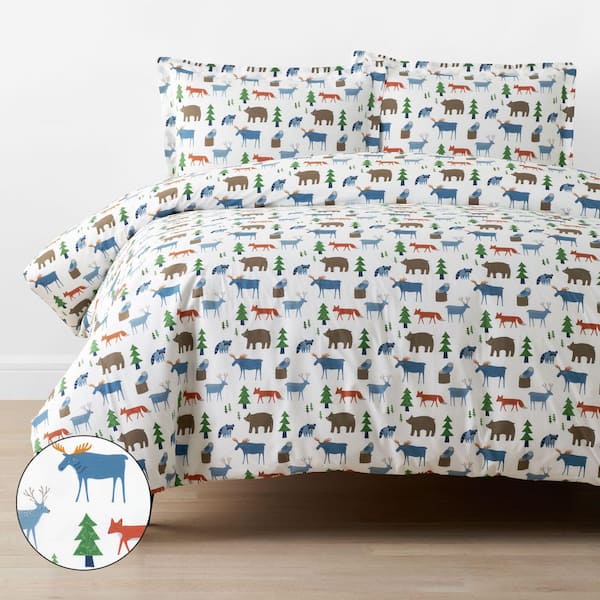 Company Kids White Multi Forest Friends Organic Cotton Percale Twin/Twin XL Duvet Cover Set