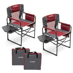 Heavy-Duty Oversized Folding Camping Chair with Side Table and Pocket for Outdoor Fishing Picnic, Red (2-Pack)