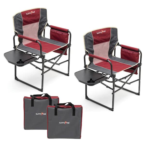 Angel Sar Heavy-Duty Oversized Folding Camping Chair with Side Table and Pocket for Outdoor Fishing Picnic, Red (2-Pack)