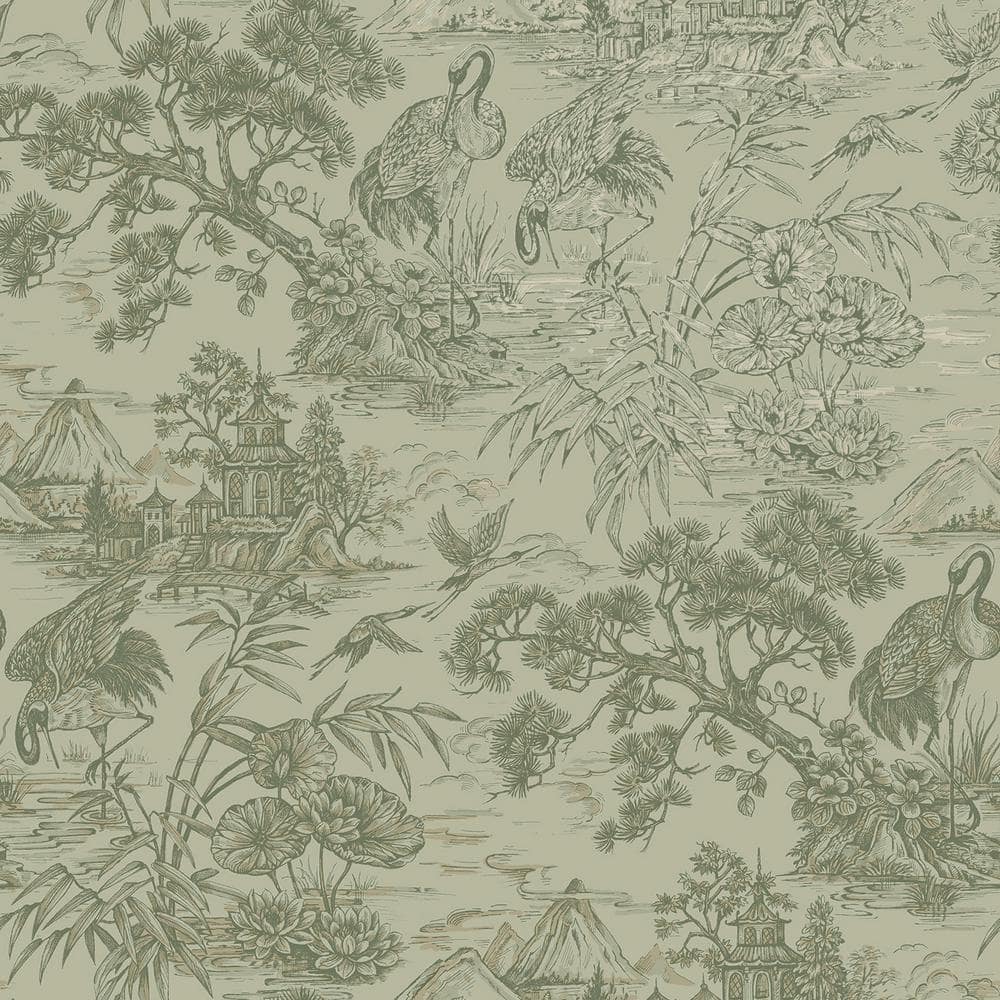 Green Majestic Crane Tropical Print Textured Wallpaper