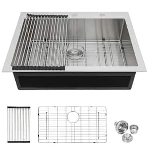 33 in. Drop-in Single Bowl 16 Gauge Stainless Steel Kitchen Sink with Bottom Grids and Drying Rack