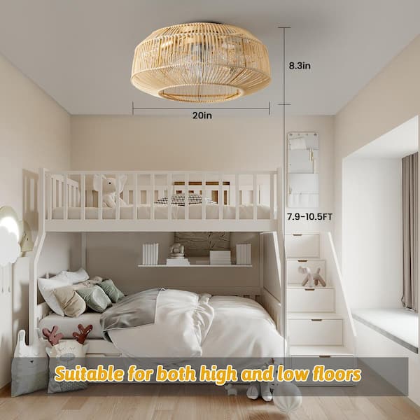 20 in. 4-Light Indoor Gold Rattan Ceiling Fan with Light Kit and Remote Control Flush Mount