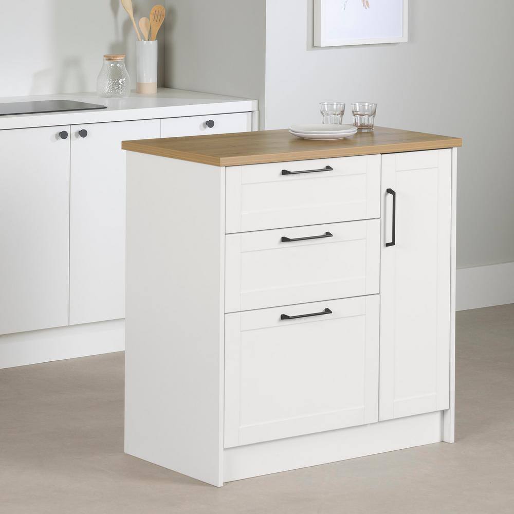White and Maple Nutmeg Compact Kitchen Island with 3 Drawers