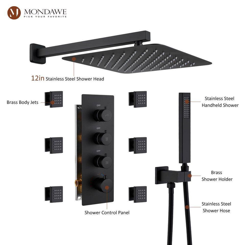 Matte Black 12-Inch Stainless Steel Multi-Head Wall Mounted Shower System