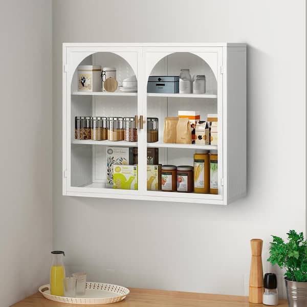 IDEAGLE 27.6 in. W x 9.1 in. D x 23.6 in. H 2 Glass Doors Bathroom Storage Wall Cabinet with 3 Shelf and Woven Pattern in White