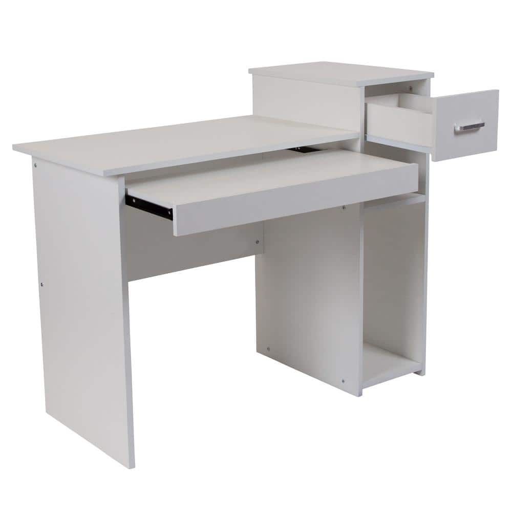 White Wood Computer Desk with Drawer and Keyboard Tray