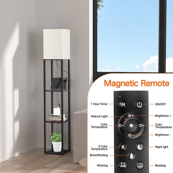 63 in. Black Dimmable Column Shelf Floor Lamp with Beige Shade and Remote Control