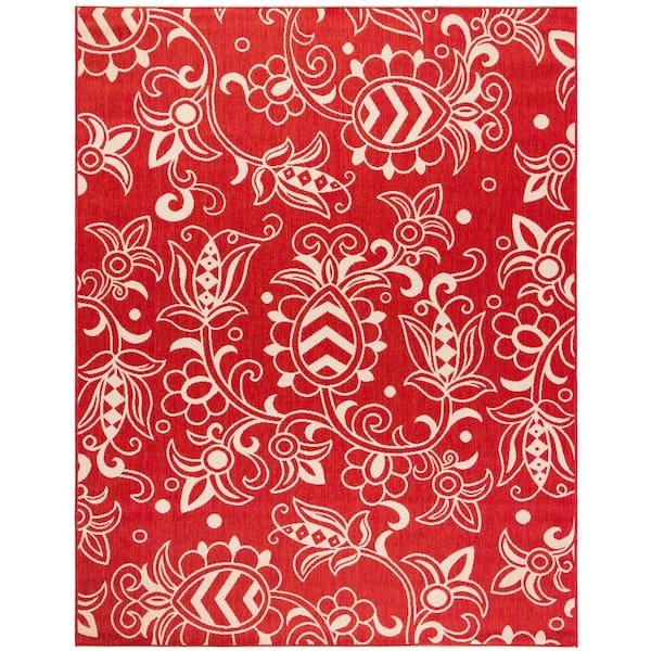 SAFAVIEH Beach House Red/Beige 8 ft. x 10 ft. Abstract Medallion Indoor/Outdoor Area Rug